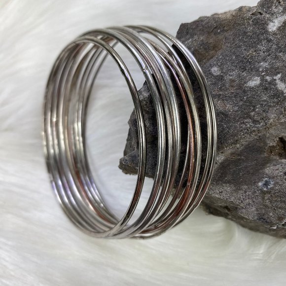 Set of 10 Silver Tone & Copper Tone Bangle Bracelets - Picture 1 of 6